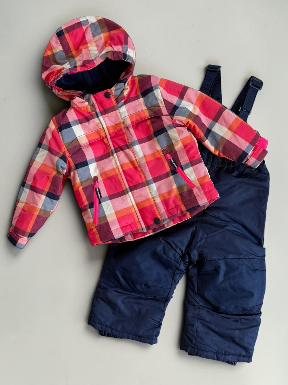 CAT & JACK EUC Girls Pink Plaid 3 in 1 Winter Snow Jacket & Ski Bibs